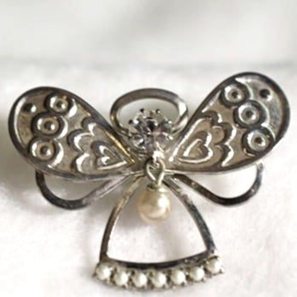 Rare Vintage Butterfly Angel Silver Tone Metal Work Faux Pearl Christmas  Brooch